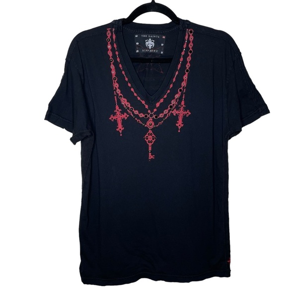 The Saints Sinphony Men’s Shirt Crosses Stars Stripes Studded Graphic Large - Picture 14 of 14